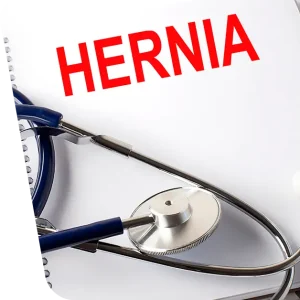 Imagine cu un stetoscop și textul 'Hernia', ilustrând diagnosticul și tratamentul herniei inghinale.