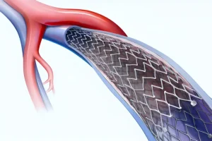 Imaginea prezintă procedura de stentare venoasă utilizată pentru tratarea sindromului post-trombotic. Un stent este plasat în venele pelvine pentru a diminua durerea și a îmbunătăți fluxul sanguin.