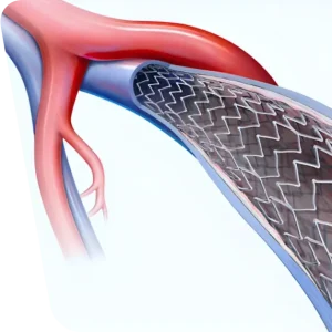 Imaginea prezintă procedura de stentare venoasă utilizată pentru tratarea sindromului post-trombotic. Un stent este plasat în venele pelvine pentru a diminua durerea și a îmbunătăți fluxul sanguin.